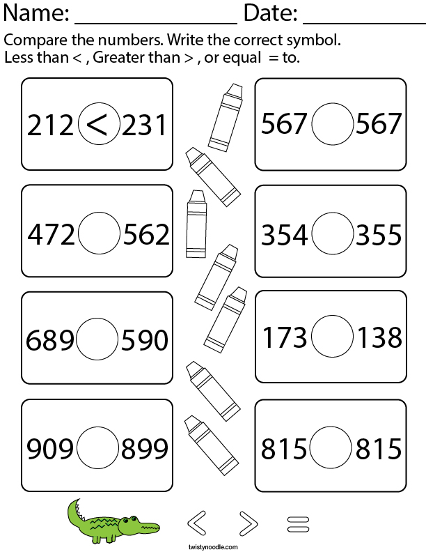 Less Than Greater Than Equal To 3 Digit Numbers Math Worksheet Twisty Noodle